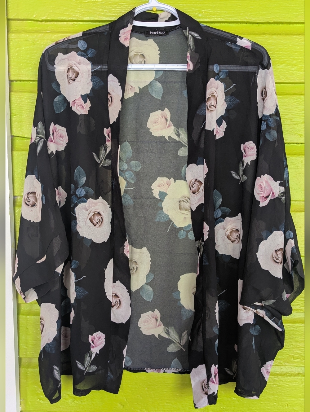 Boohoo Black Sheer Floral Kimono with Pale Pink Roses